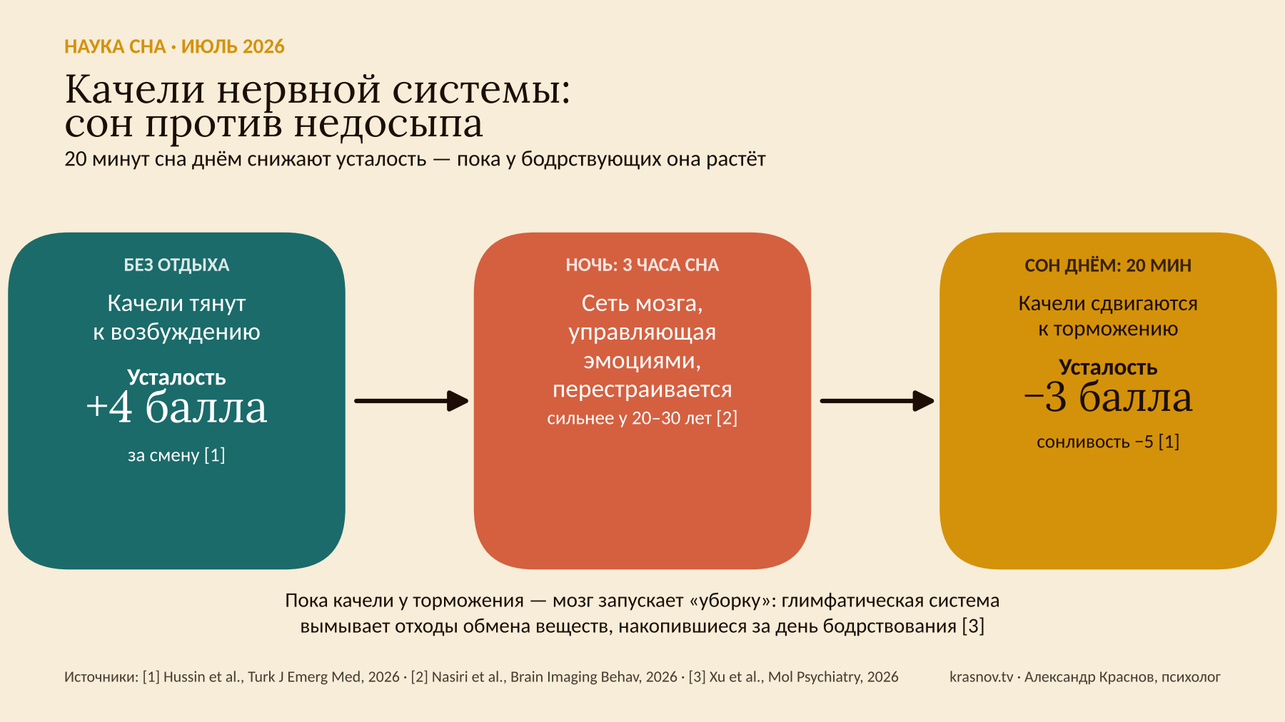 Схема: без сна усталость растёт, после 3 часов сна эмоциональная сеть мозга перестраивается, короткий 20-минутный дневной сон снижает усталость и сонливость